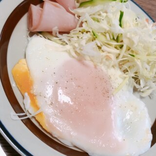 目玉焼きと、キャベツとハムのプレート